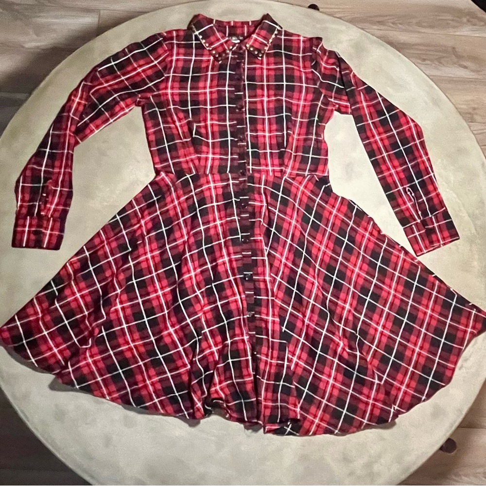 VENUS Red and Black Plaid Long Sleeve Dress w/ Metal Stud Details
